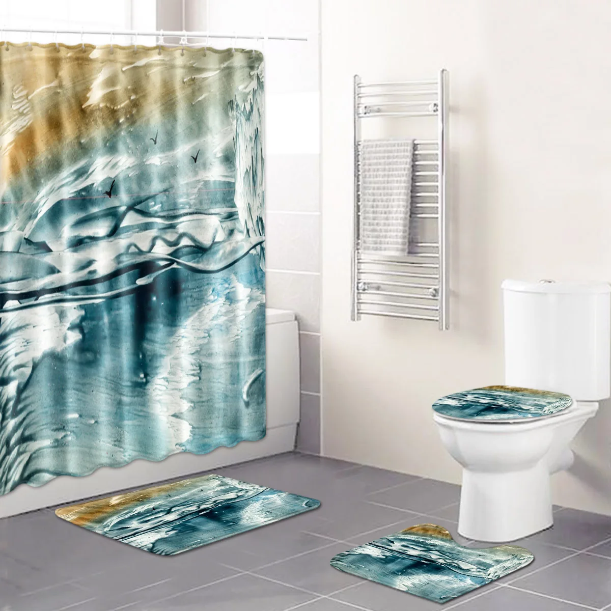 

Artistic Colored Ink Painting Bathroom Curtain Shower Curtains Set Bath Mats Rugs Pedestal Rug Toilet Lid Cover Washroom Carpet