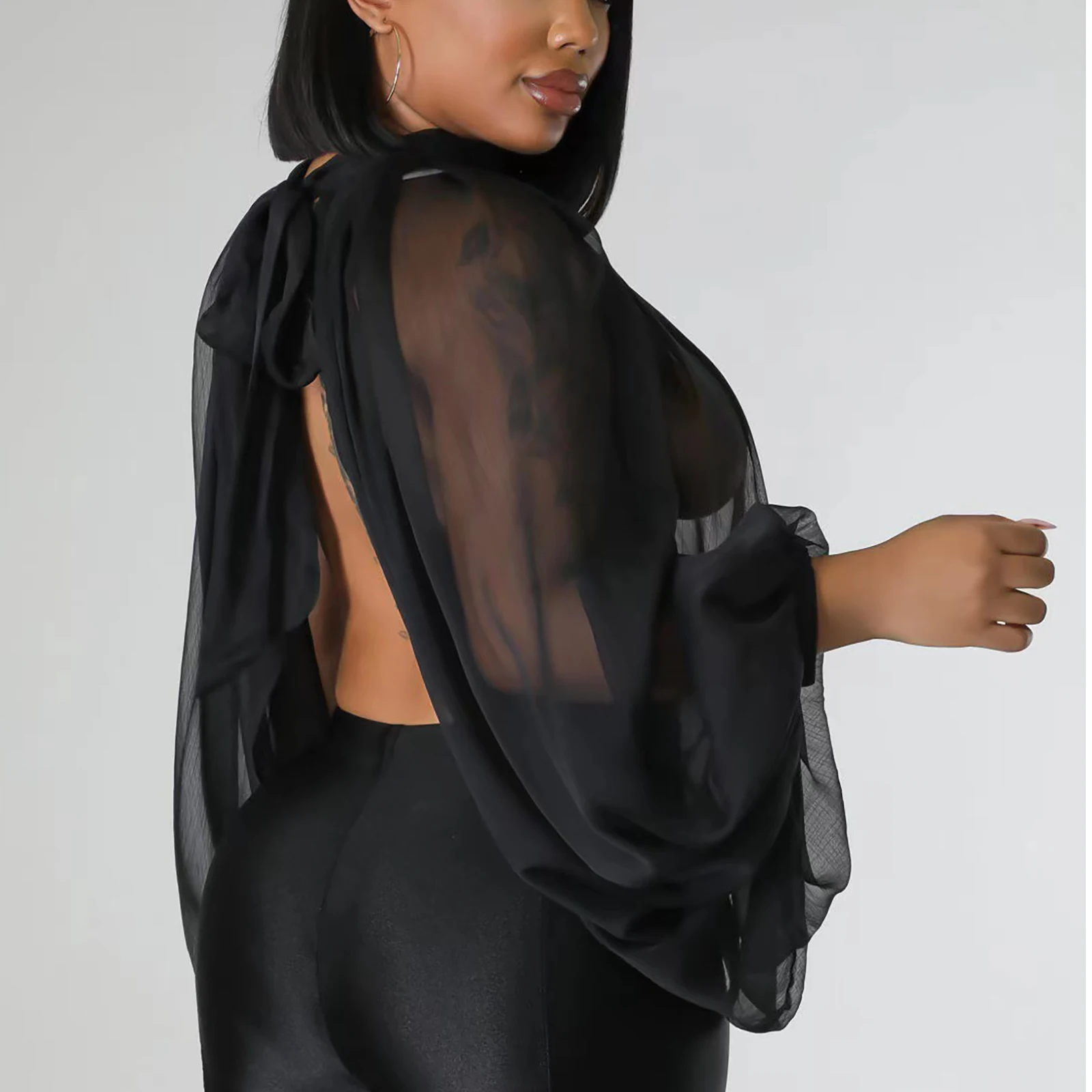 Womens Chiffon Sheer See Through Long Sleeve Mock Neck Tie Up Open Front And Back Loose Tops Cover Up Blouse Feshion Female Wear