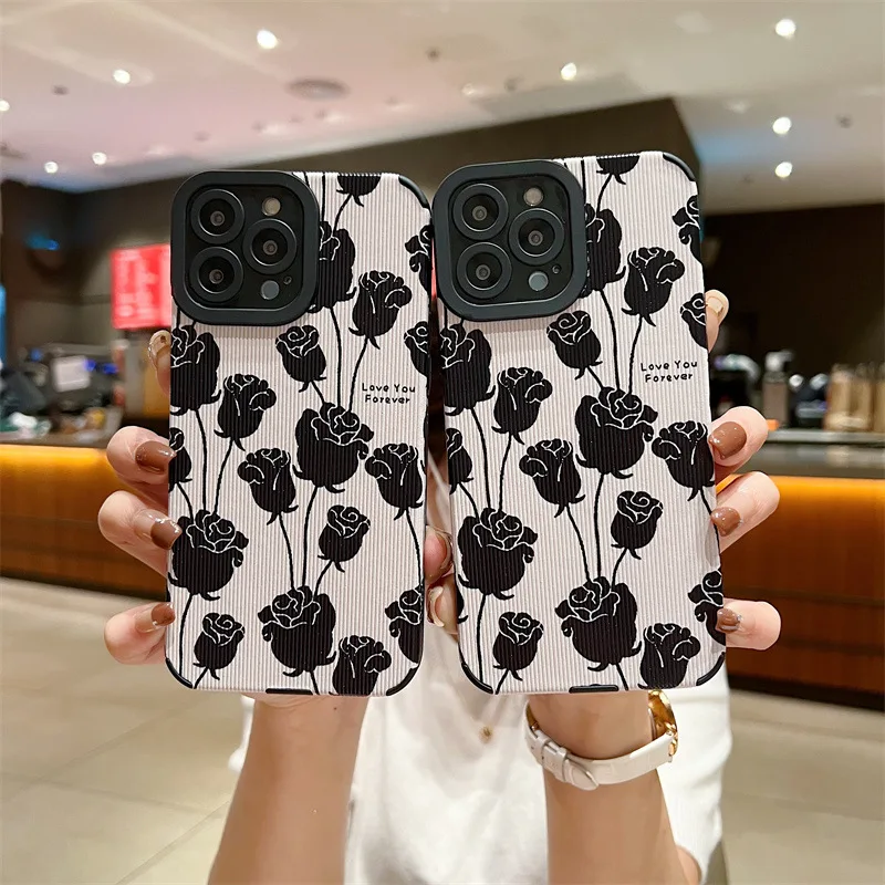 

Fashion Retro Black Rose Phone Case For iPhone 14 13 12 11 Pro Max 14plus X XR XS Max 7 8 Plus Beautiful Flower Shockproof Cover