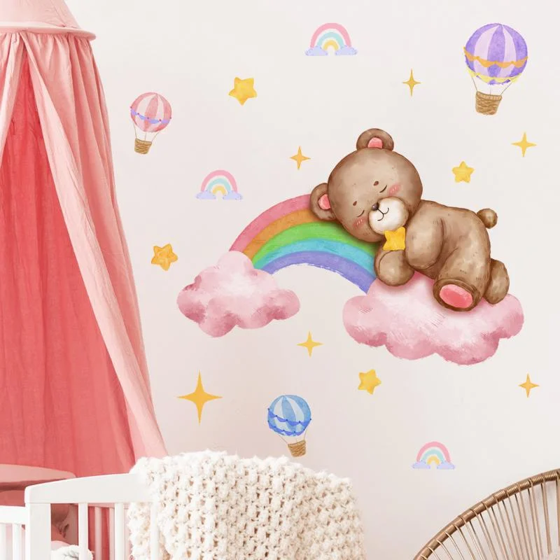 

Rainbow Balloon Bear Star Cartoon Wall Sticker Living Room Bedroom Study Restaurant Decorative Kawaii Mural Wall Sticker