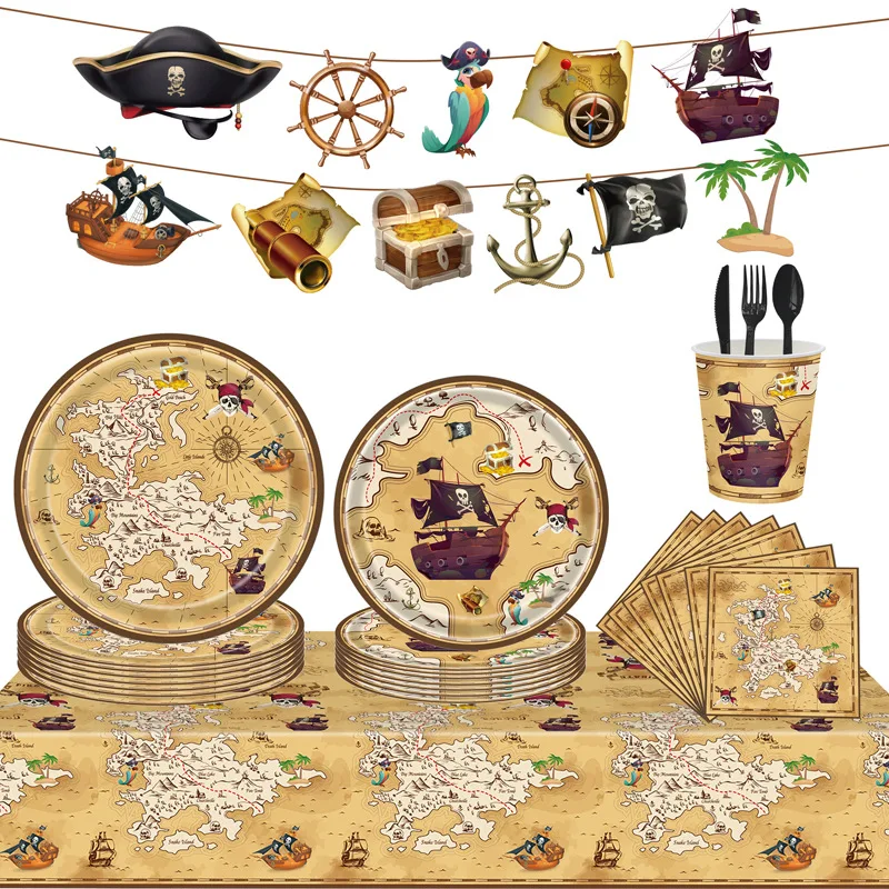 

Pirate Treasure Hunt Theme Disposable Tablecloth Paper Plates Paper Cups Paper Towels Party Set Birthday Holiday Decorations