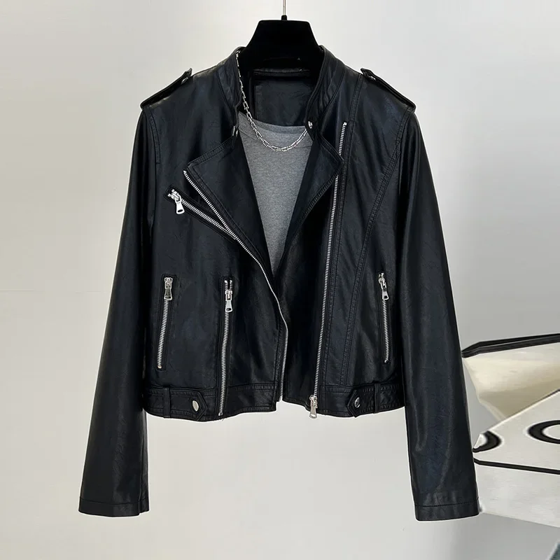 

Женская мотоциклетная куртка из искусственной кожи, черная приталенная куртка на молнии, Байкерская верхняя одежда, весна-осень 2023