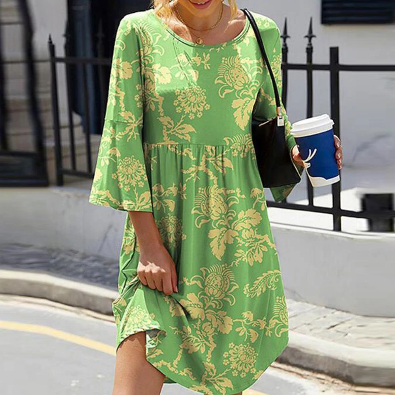 

Elegant Pleated Flower Print A-line Dress 2022 Casual Loose O Neck Dress Female Women Vintage 3/4 Sleeve Pullover Party Dress