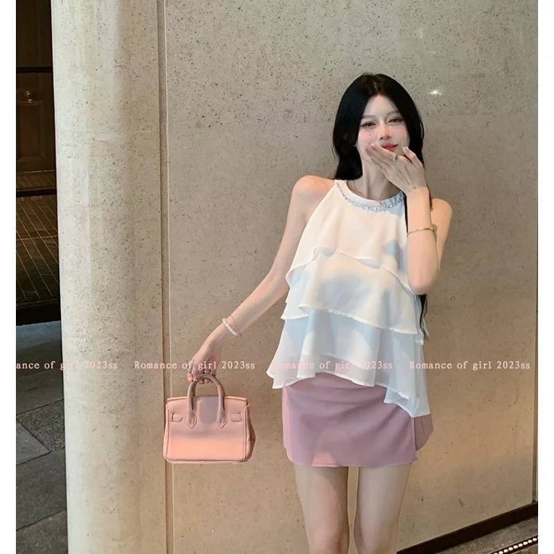

Hsa 2023 New Women Sexy Sleeveless Ruffles White Tank Halter Solid Tops + Mini Bodycon Skirts Sets Summer 2 Pieces Skirt Set