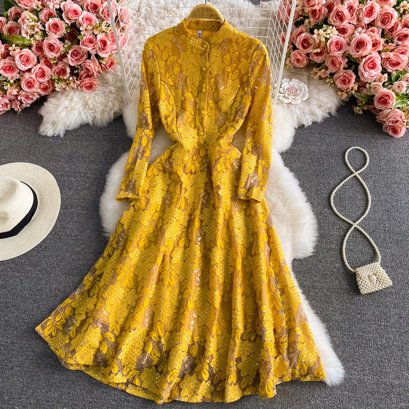 

2022 Spring Vintage Crocheted Hollow Lace Dress French Elegant High Waist Big Swing A- Line Long Skirt