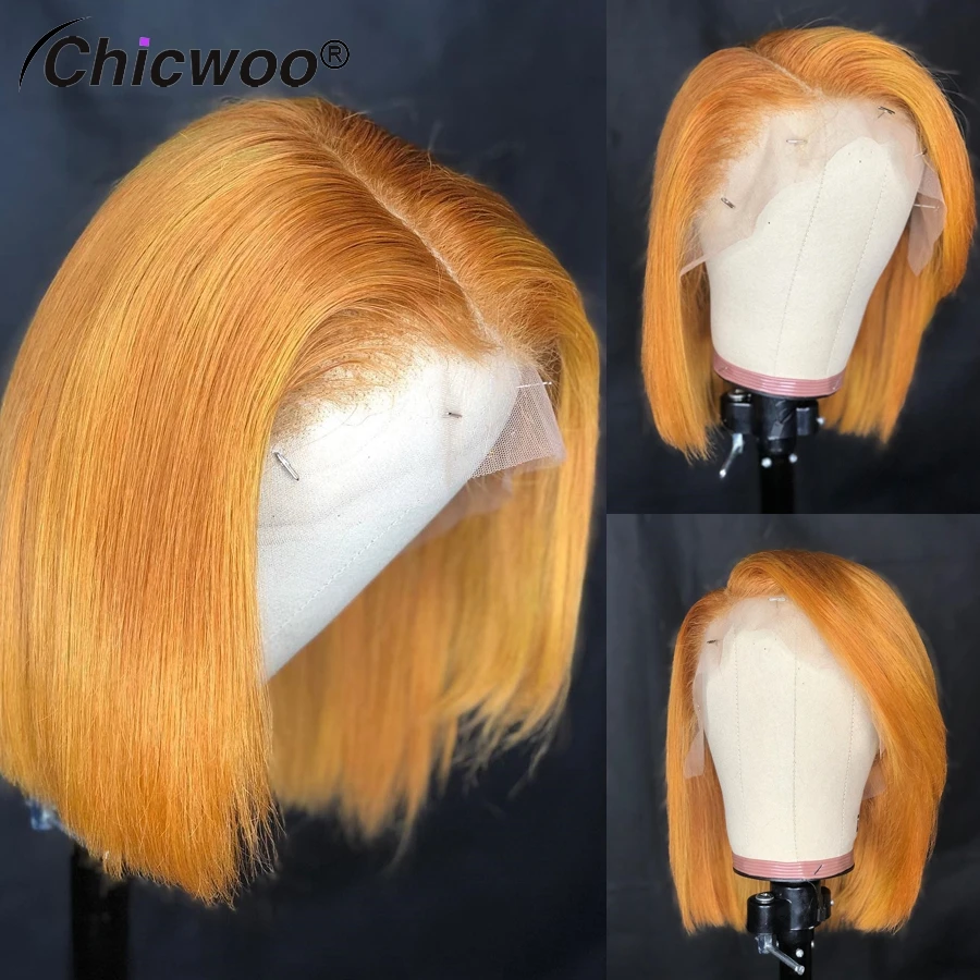 

Light Orange Silky Straight Bob Wigs Brazilian Virgin Human Hair 13x4 Transparent Lace Front Wig Preplucked Hairline 613 Colored