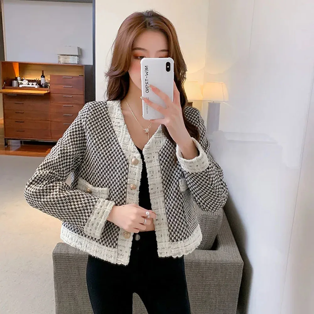 Женский твидовый жакет с V-образным вырезом длинным рукавом |