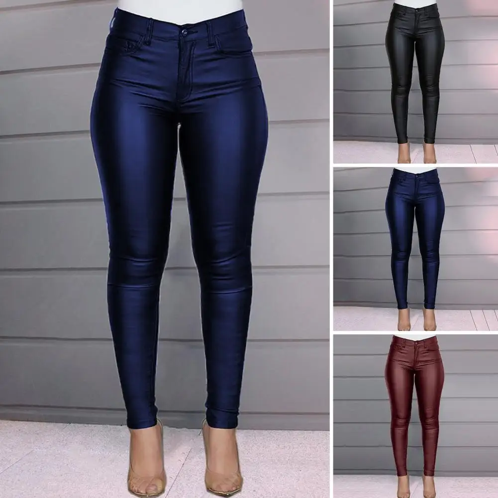2024 женские модные эластичные зимние укороченные брюки из искусственной кожи с