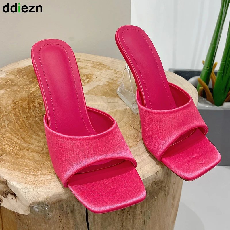 

2022 New Crystal High Heels Sexy Ladies Slides Sandals Female Shoes Fashion Peep Toe Silk Slip-On Rubber Slippers Woman Pumps