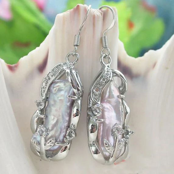 

Top Quality Real Pearl Earrings 22mm Dens Lavender Biwa Pearl Dangle Earrings Silver Jewelry Charming Women Gift