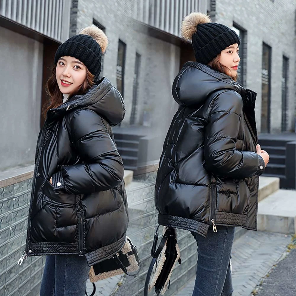 2022 Short Style Cotton Padded Winter Jacket Women Casual Stand Collar Parkas Winter Coats Female Fashion Shiny Outwear