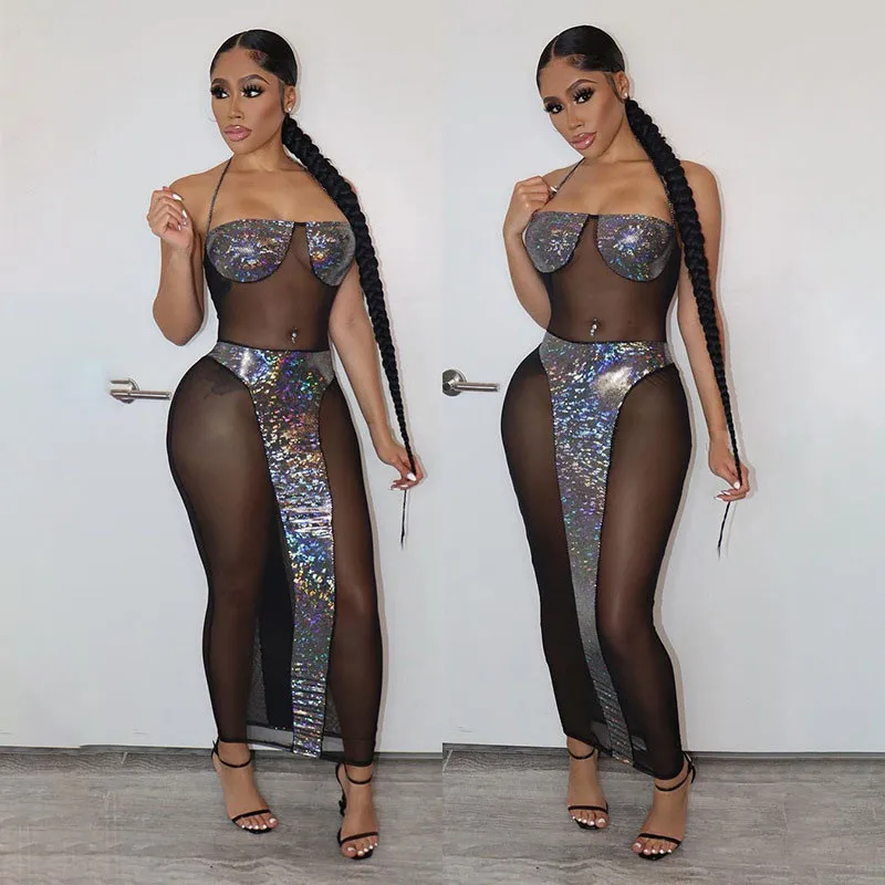 

WUHE Shiny Patchwork Sheer Mesh Maxi Dress Women Sexy Strapless Halter Body-Shaping Long Robe Night Party Club Wear Vestidos