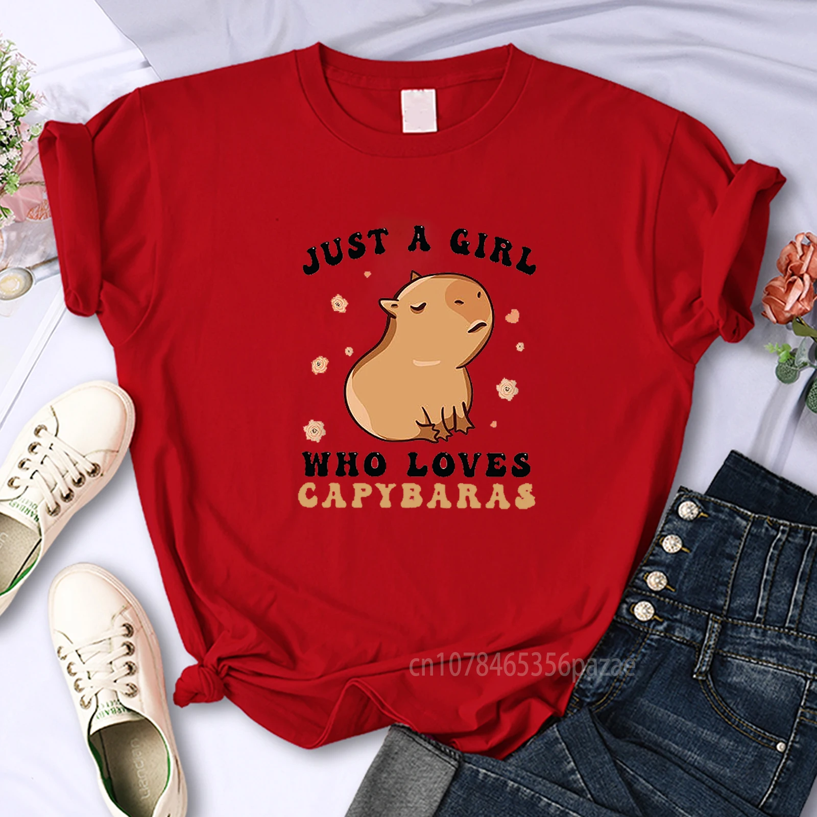 

Capybara Cotton T-shirt Women Oversized Girl Kawaii Print Tops Summer New Beige Short Sleeve Tee Free Shipping Big Size S-4XL