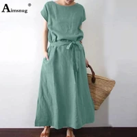 aimsnug 2022 summer women long maxi dress casual linen dresses patchwork sashes female loose pockets dress clothing size s 5xl