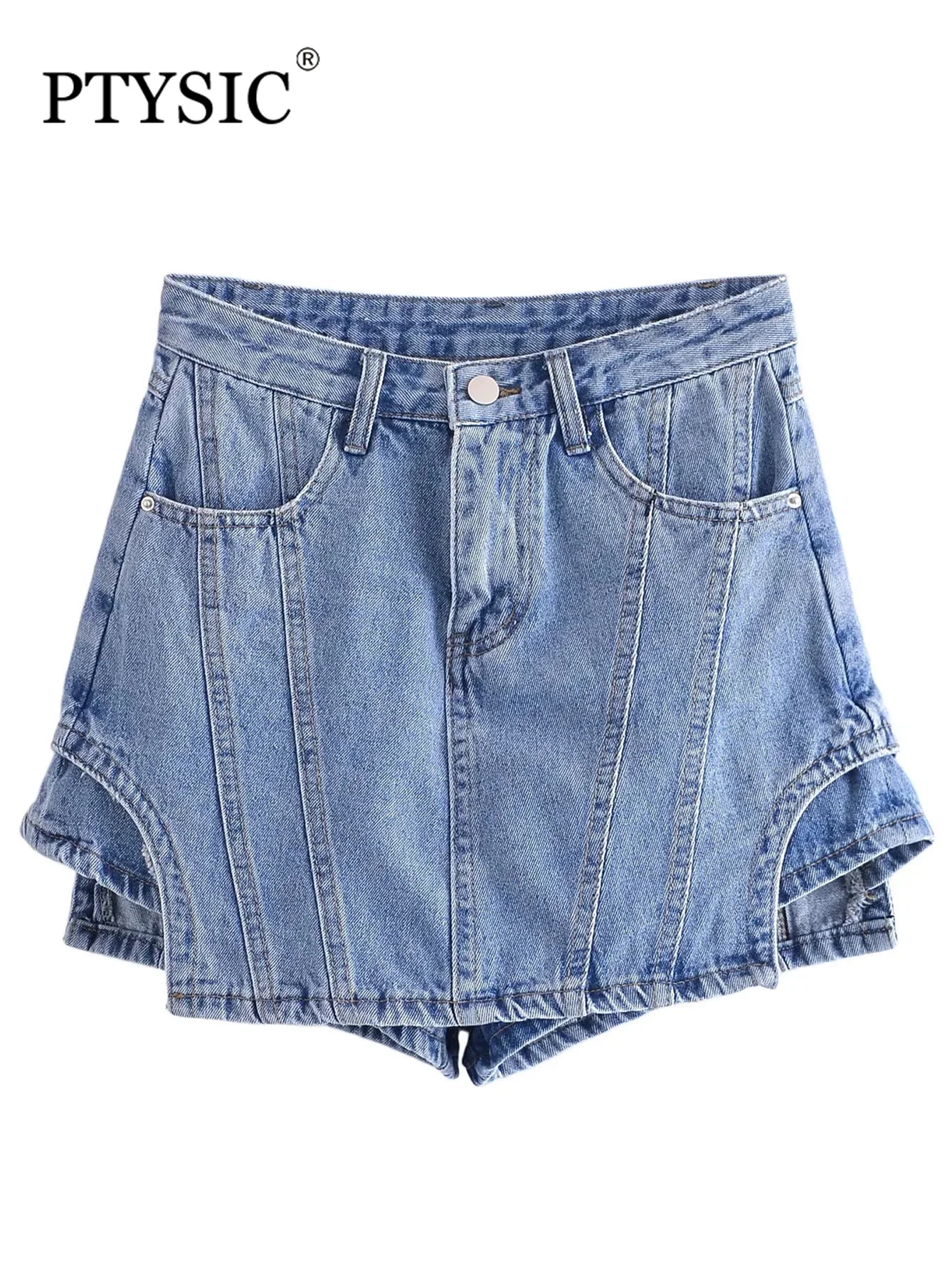 

PTYSIC Women Fashion With Bright Line Decoration Cascading Patchwork Denim Shorts Skirts 2022 Front Pockets Casual Bottoms Mujur