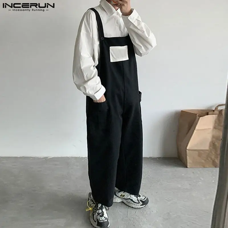 

Korean Style Men Loose Patch Pocket Splicing Rompers INCERUN 2023 Fahsion Male Solid Simple All-match Sleeveless Jumpsuit S-5XL