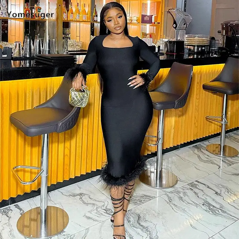 

Yomesuger Sexy Long Sleeve Square Collar Hem Patchwork Fur Bodycon Midi Dress Women 2024 Spring Elegant Party Dresses Vestidos