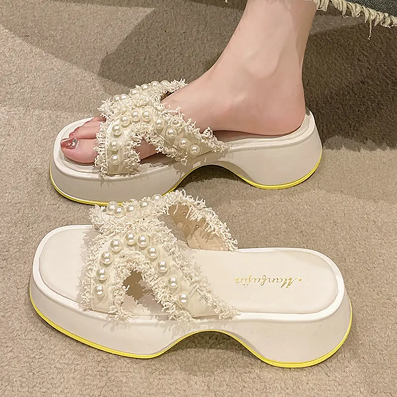 Women Pearl Slippers 2023 New Designer Fringe Slides Summer Shoes Woman Flat Beach Open Toed Slippers Chaussures Femme Ete