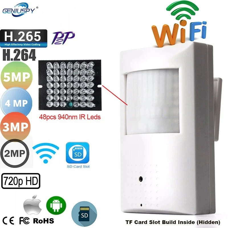 H.265 H.264 WIFI 1080P 4MP 5M Wireless PIR Mini IP Camera 940nm IR Invisible Night Vision Indoor P2P Security Cam SD Card Slot |