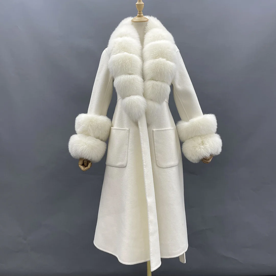 

2022 New Arrival Women Wool Coat With Real Fox Fur Collar Cuff Slim Fit Elegant Belted Cashmere Long Coat Ladies Winter Coats