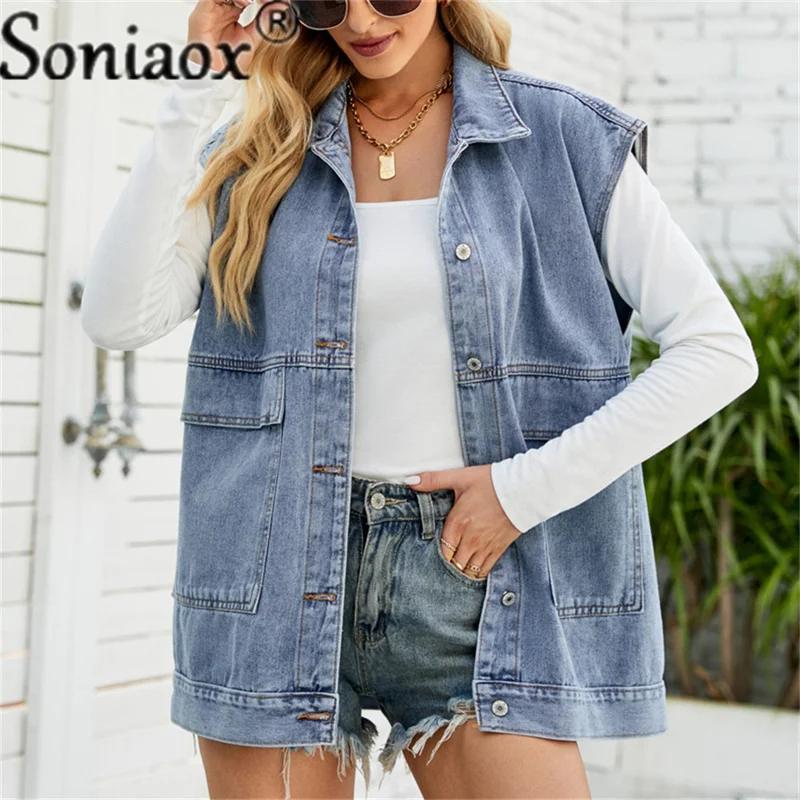 

New Turndown Collar Sleeveless Women'S Vest 2022 Summer Denim Waistcoat Fashion Casual Jean Jacket Ladies Holes Loose Coat Gilet