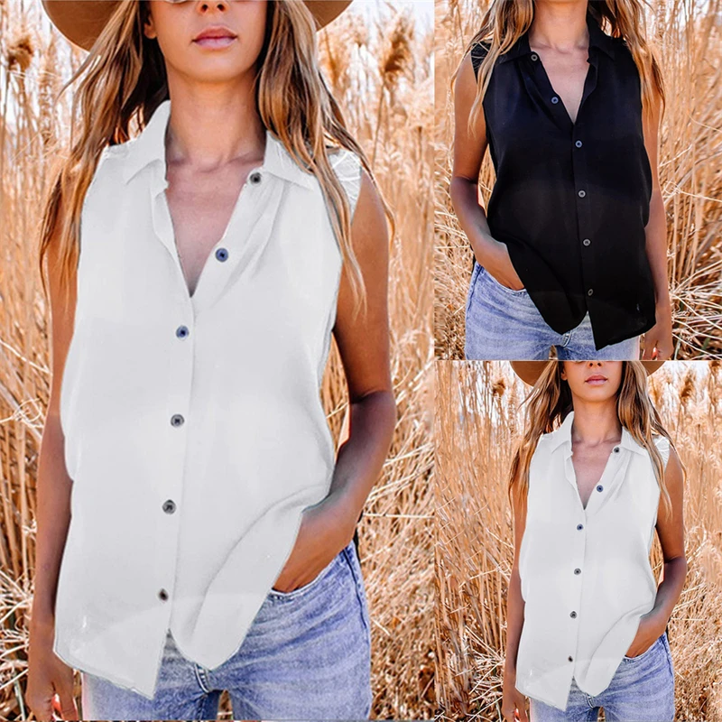 

2022 Summer Simple Solid Lapel Single Breasted Sleeveless Casual Blouse Office Lady Slim Occupation Cardigan Tank Shirt