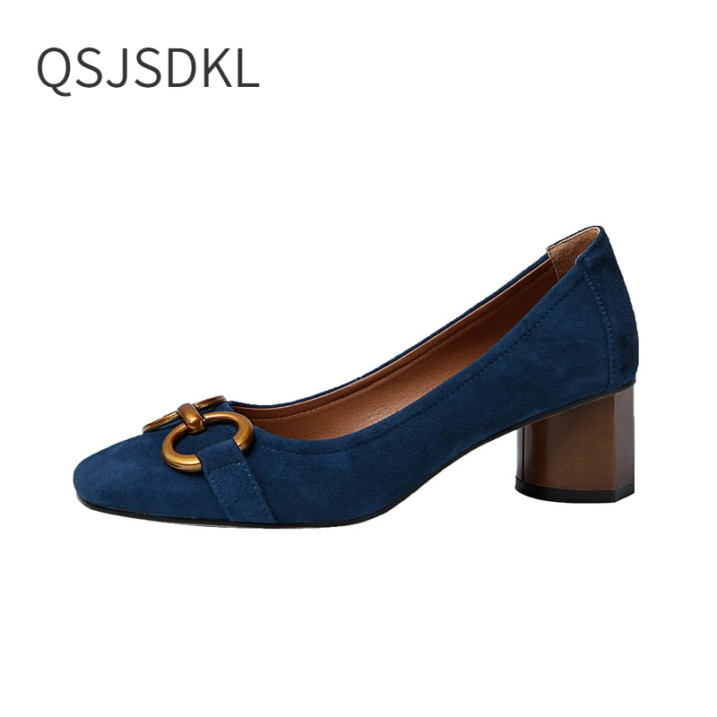 

Женские туфли-лодочки с квадратным носком на среднем толстом каблуке, бархатная женская обувь с металлическим украшением, Офисная Женская ...