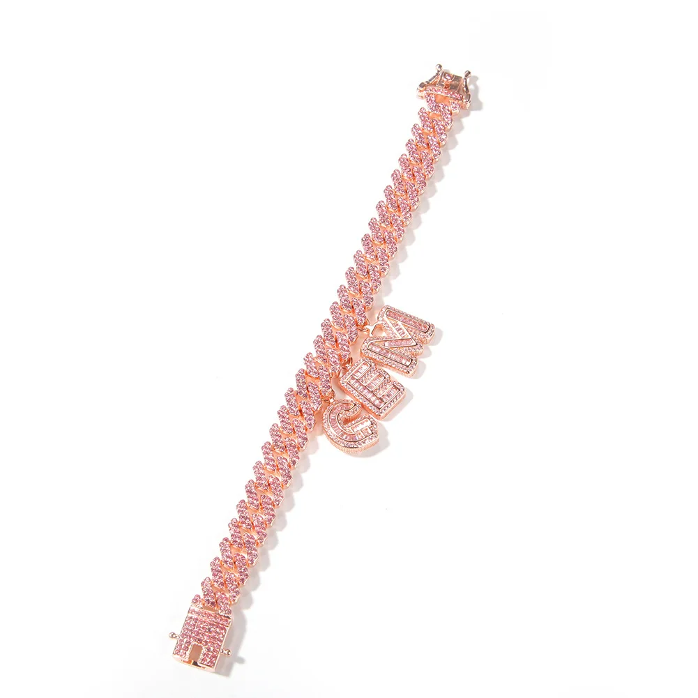 A-Z Custom Name Letters Pendant Necklaces Bracelets 12mm Cuban Link Chain Bracelet Rose Gold Plated