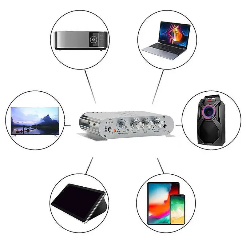 Фото AA84 4X ST-838 Hi-Fi 2.1-канальный усилитель мощности 80Втx2, стереоусилитель басового звука с выходом для сабвуфера, домашний аудиоусилитель, белый №5
