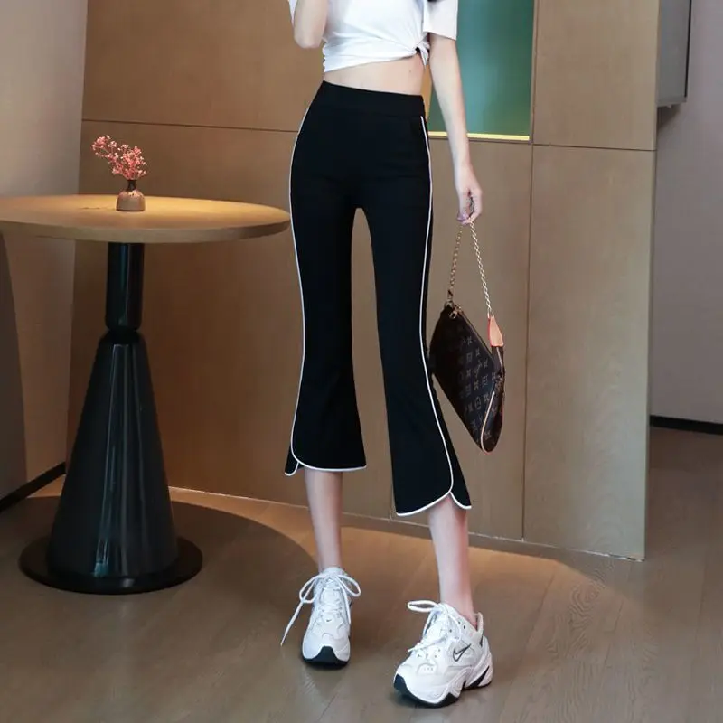 Summer High Waist Patchwork Casual Split Micro Flare Sweatpants Plus Size Calf Length Pants Simplicity Fashion Women Clothing