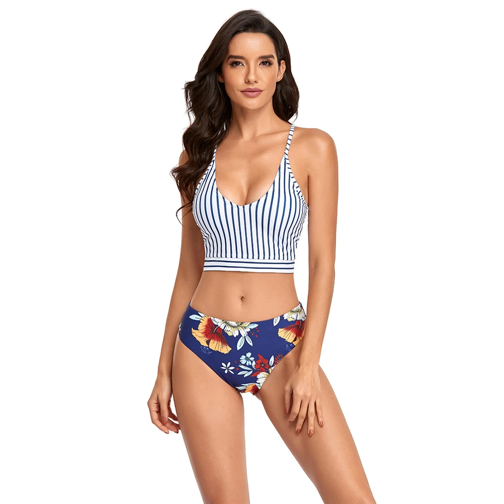 

Комплект бикини с V-образным вырезом, купальный костюм из двух предметов с перекрестной шнуровкой сзади, купальная одежда с цветочным принтом и низкой талией, женские купальники