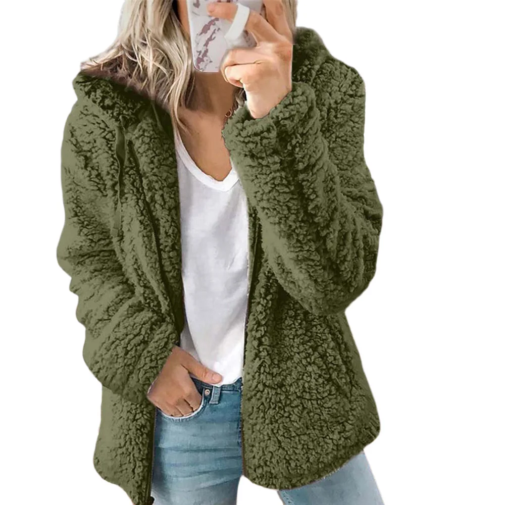 2022 Women Autumn Winter Jacket Female Coat Causal Soft Hooded Fleece Plush Warm Plus Size Faux Fur Fluffy Zipper Top Sudadera