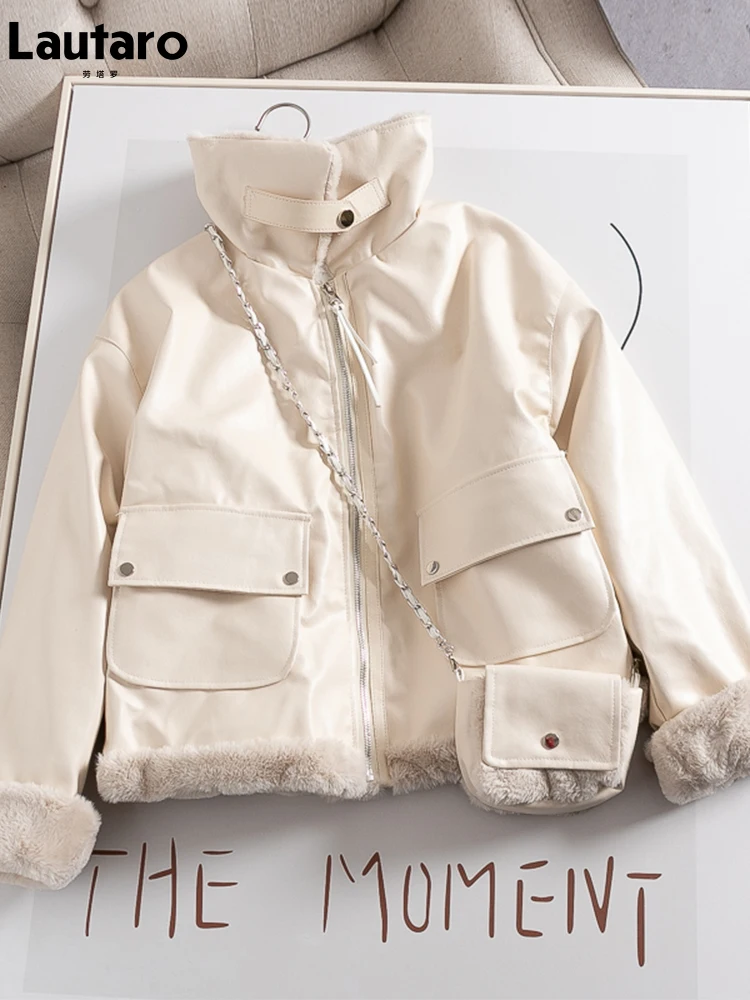 

Lautaro Winter Casual Short White Loose Thick Warm Leather Jacket Women with Faux Fur Inside Pockets Zipper Long Sleeve 2022