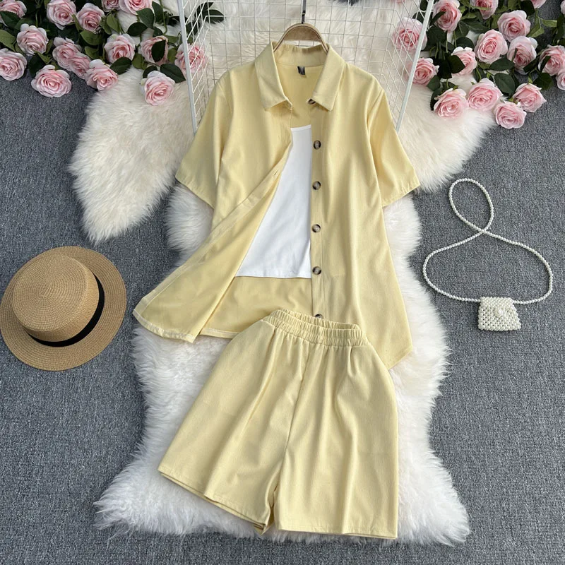 

Women's 3-piece Shorts Set Fashion Set Women's Suit Collar Shirt Camis Suits Wide Leg Shorts A-line Loose Shorts Summer Sets