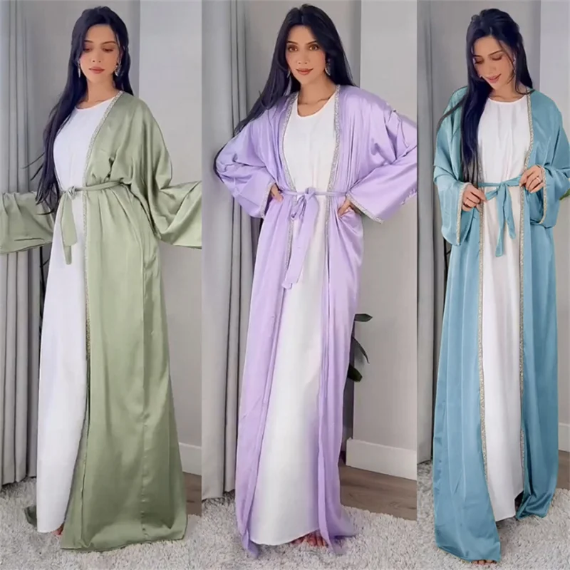 Two Pieces Kimono Abaya Set for Women Muslim Dubai Arab Solid Soft Satin Diamond Tape Trim Cardigan Robe and Vest Dress