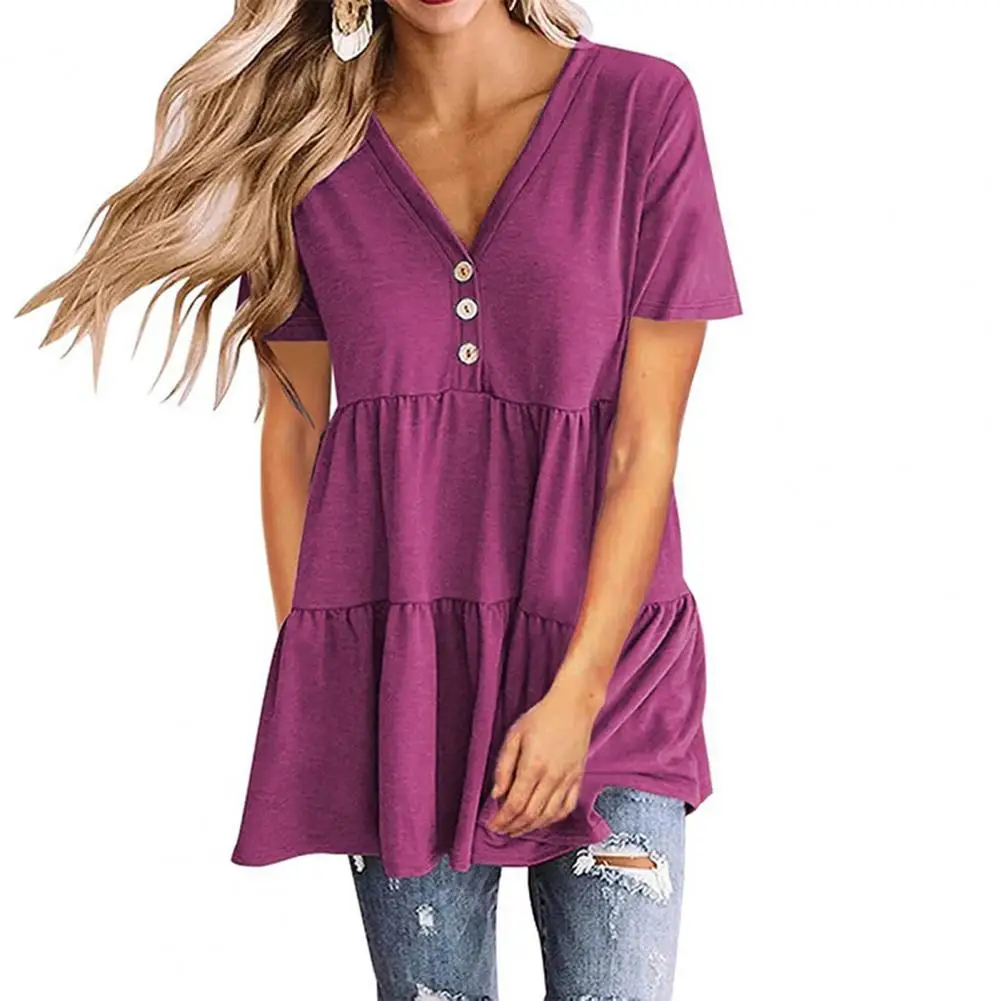 

Harajuku Loose Blouse Womens V Neck Short Sleeve Top Button Ruffle Loose Pleated Patchwork Streetwear Blouse blusas 2022