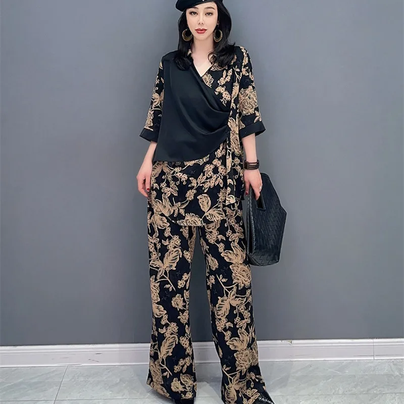 

Two Pieces Floral Printed Clothing Set For Women Spring Summer Long Set 2 In 1 Tops And Wide Leg Long Trousrs