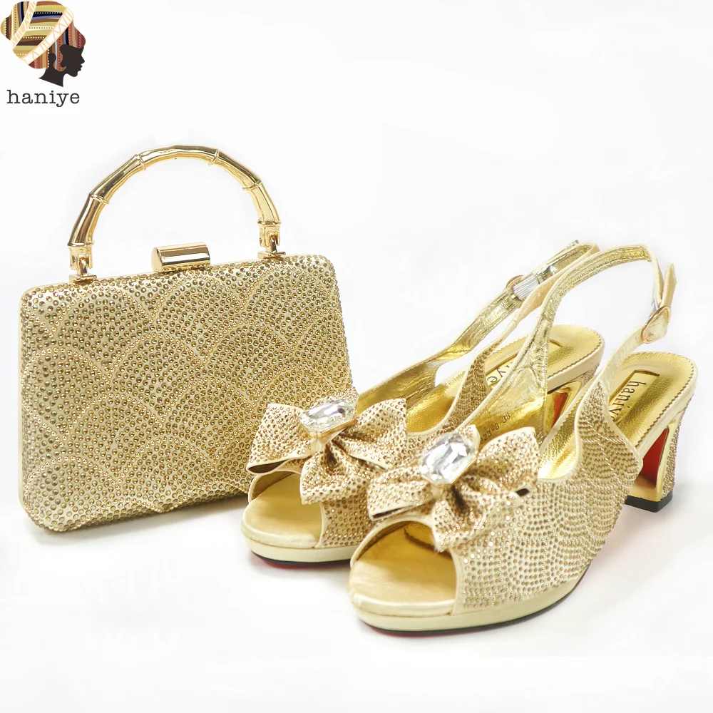 Золотой итальянский стиль массивные туфли на пятке и кристаллами клатч в