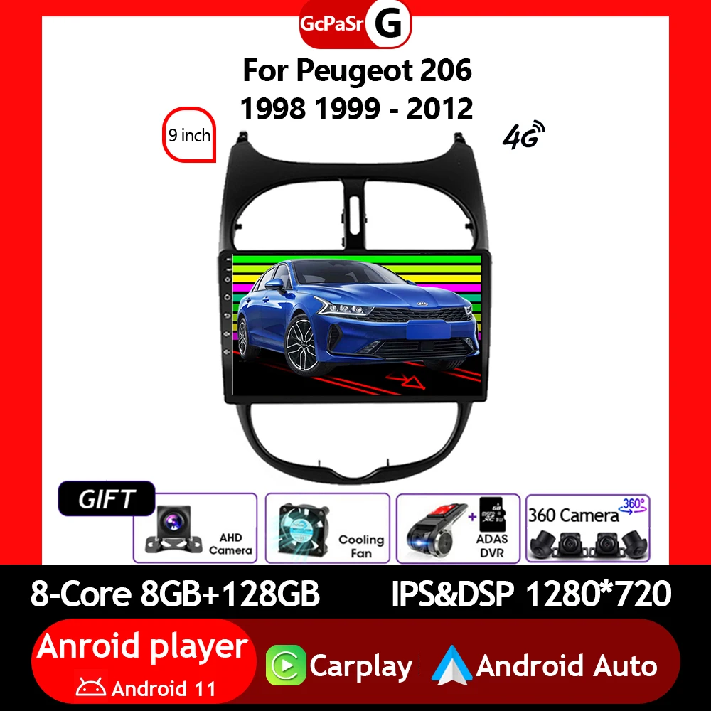 

Автомагнитола для Peugeot, мультимедийный видеоплеер для Peugeot 206, 1998, 1999-2012, Android, автонавигация, GPS, аудио, Авторадио для Carplay