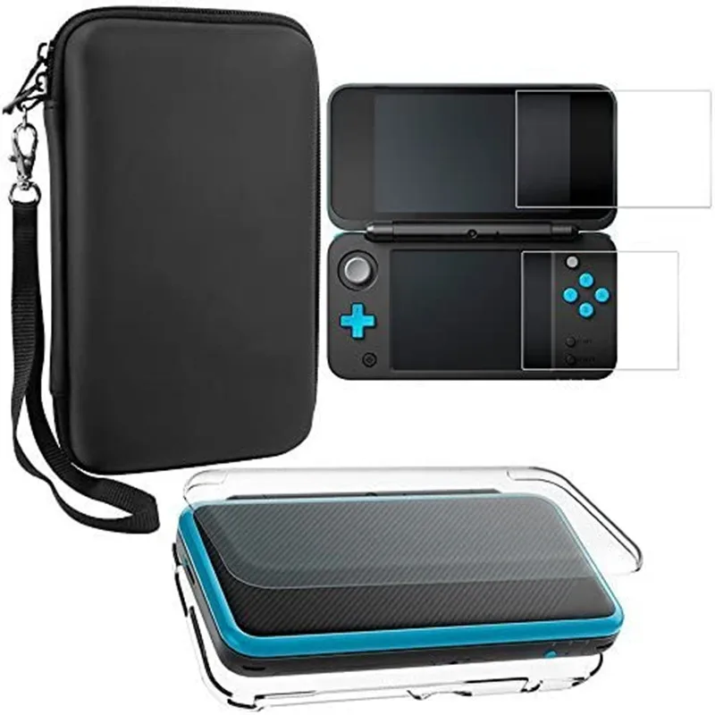 Protective Case Set For New 2DS XL Crystal Clear Shell EVA Carrying Storage Bag Tempered Glass Films Hand Grip Joypad Bracket