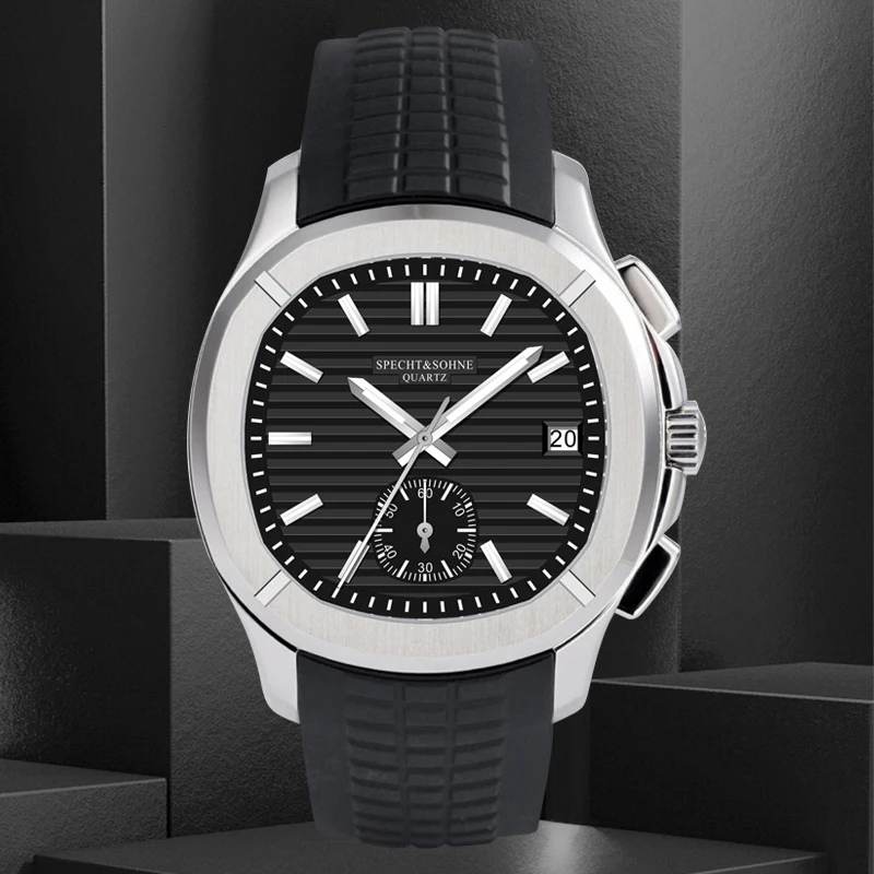 

42mm High Quality Mens Quartz Chronograph Watches Stopwatch Black Rubber Silver Stainless Steel Luminous Sapphire Calendar Clock