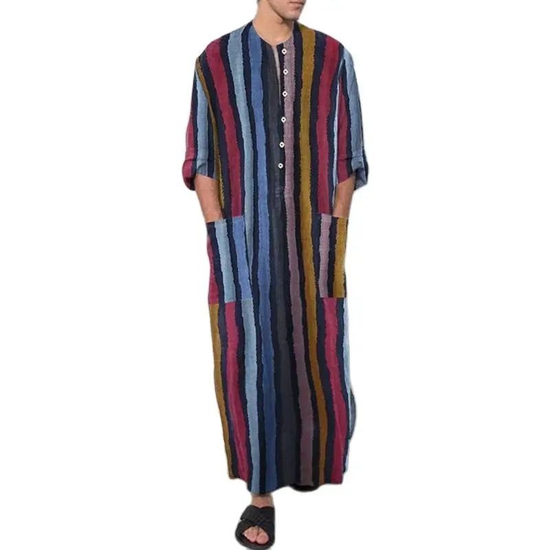 

2022 New Autumn Men's Robe Casual Fashion Ethnic Muslim Style Striped Printing Long-sleeved Round Neck Straight And Nude