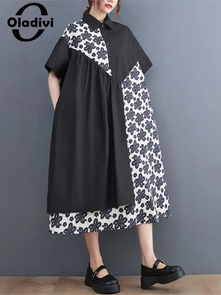 

Oladivi Oversized Dress Short Sleeve Elegant Women Summer 2022 Large Size Clothing Vintage Ladies Casual Loose Long Dresses 8839