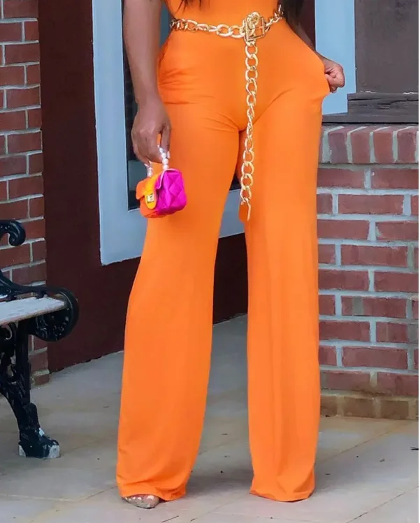Casual Office Lady Plain Women Short Sleeve V-Neck Jumpsuit High Waist Pocket Orange Jumpsuits 2022 Summer Fashion New