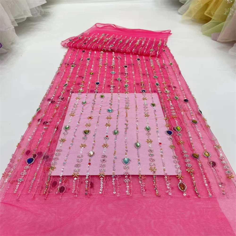 

Luxury Sequins Beaded African Lace Fabric Latest High Quality Embroidery French Tulle Nigerian 5 Yards Stones For Dresses ZX2759