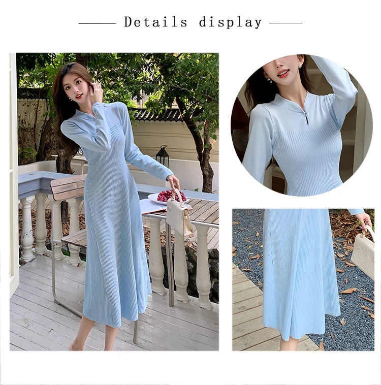 Женское трикотажное платье-свитер с воротником-стойкой и длинным рукавом