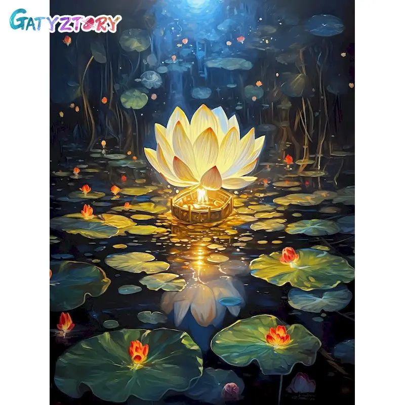 

GATYZTORY Oil Painting By Numbers Flower Kits For Adults Handpainted DIY Coloring By Number Glowing Lotus Home Decoration