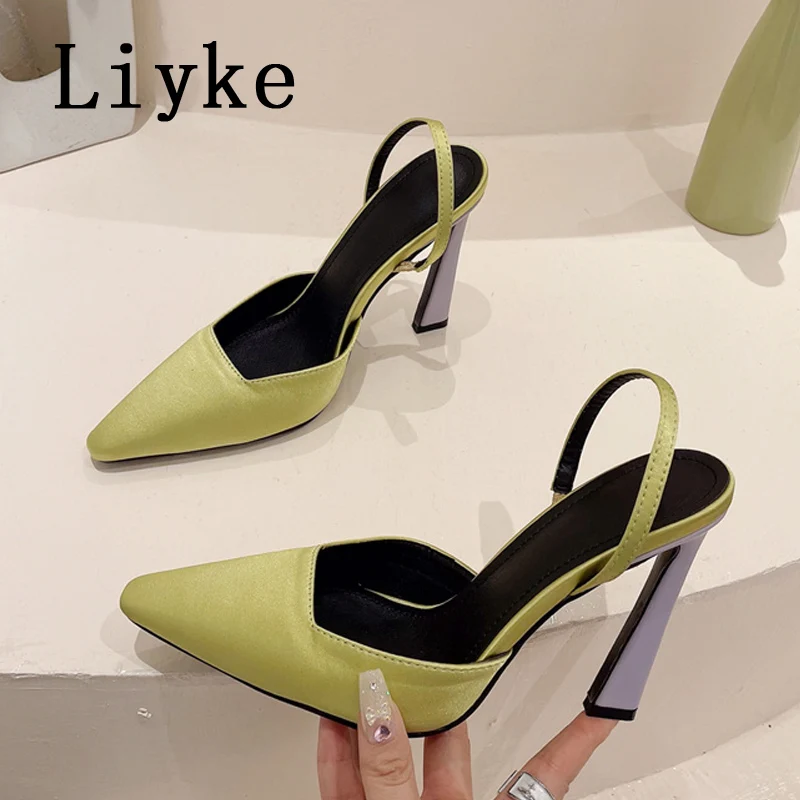 

Liyke Strange Style Mixed Color High Heels Mules Women Fashion Pointed Toe Shallow Slip-On Shoe Elegant Ladies Party Dress Pumps