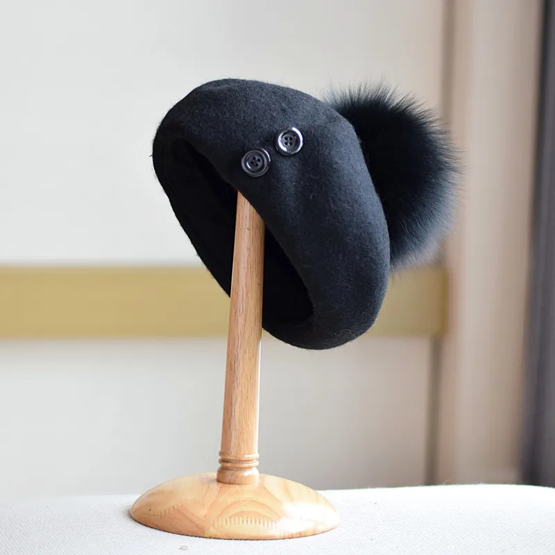 

Elegant Wool Beret Women's Fox Fur Ball Fashionable Pleated Button Cap New Fashion