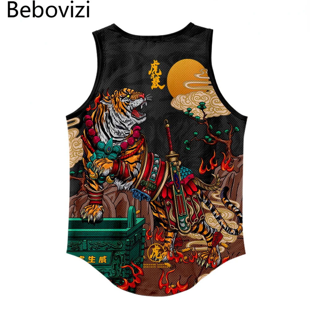 

Streetwear Sleeveless Tank Top Japanese Anime Tiger Print Summer Beach Vest Men's Mesh Top Bodybuilding Gym Muscle Fitness